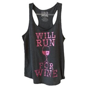 Grey & pink metallic funny “will run for wine” racerback tank top